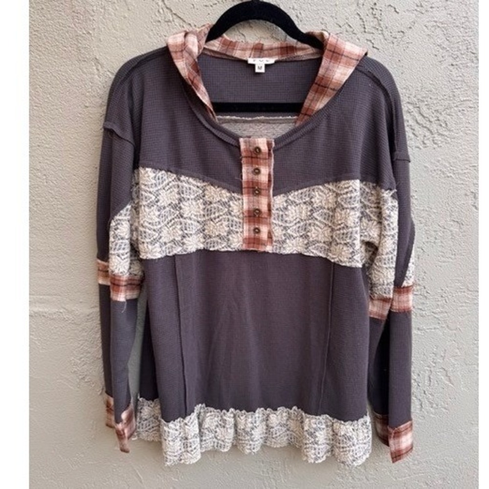 POL Womens Waffle Knit Plaid Lace Hoodie MEDIUM Boho Shabby Rustic Cottagecore - Picture 2 of 6